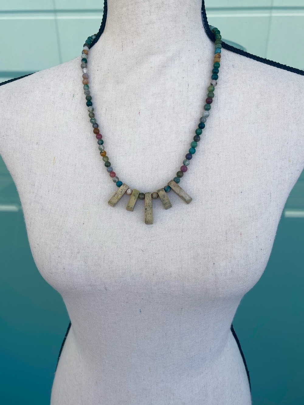 Multi-Color Jasper Gemstone Beaded Necklace with Tan Jasper Bars - Picture 2 of 4